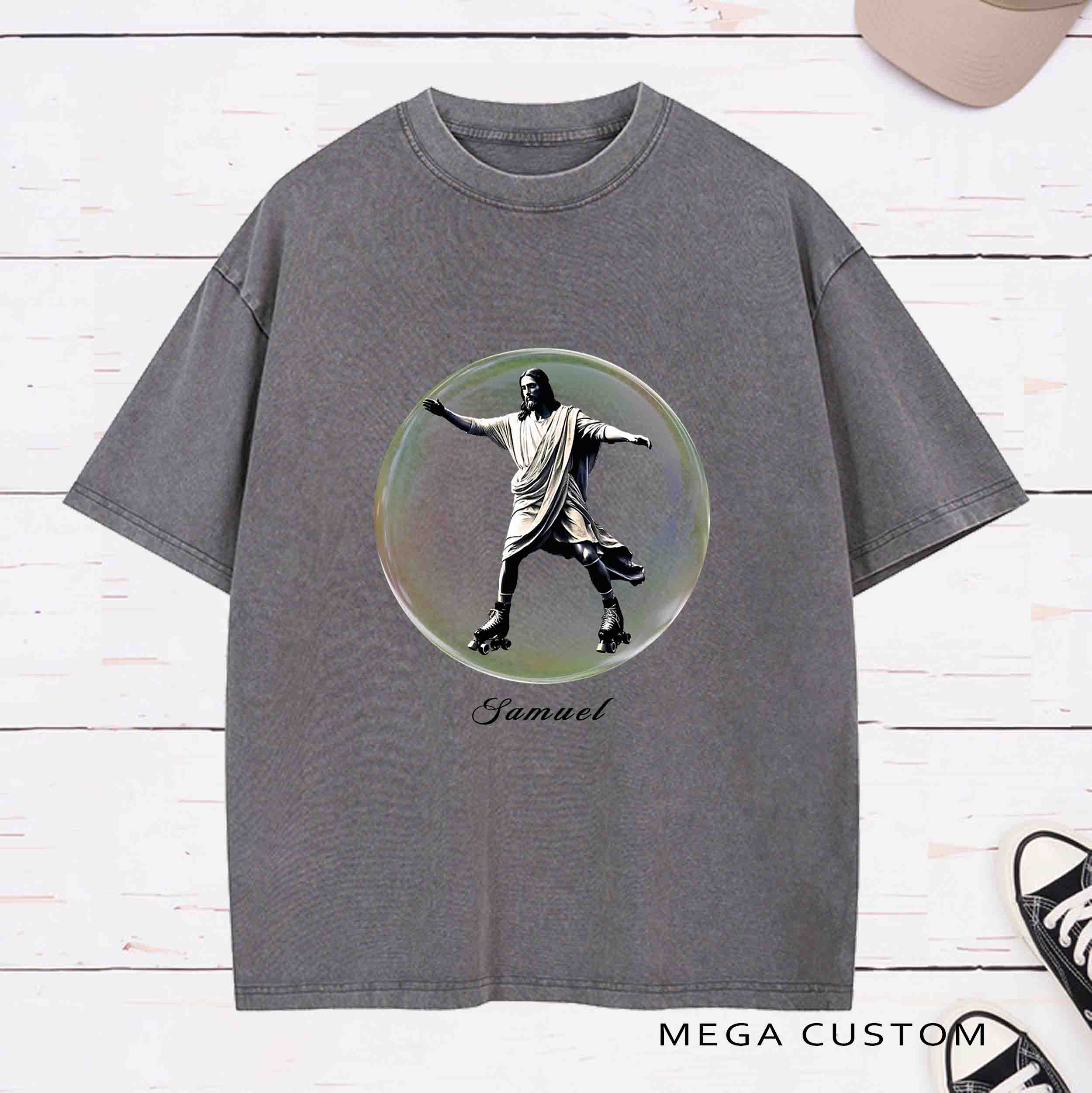 Personalized Character Jesus learning to rollerskate Washed T-Shirt with Name Birthday Easter Gift for Christian