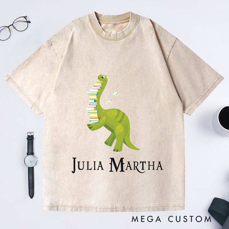 Personalized Dinosaur Reading Washed T-Shirts Book Lover Shirt Read T-Shirts Librarian Shirt Reader Reading Gift