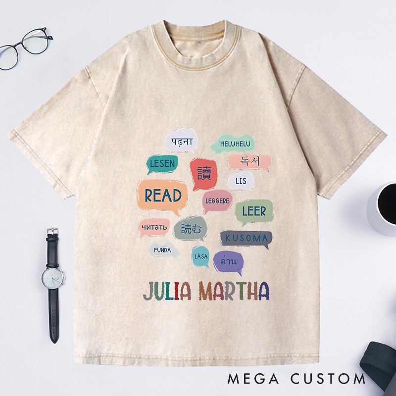 Personalized Reading World Languages Washed T-Shirts Library Professional Tee Book Lover Gift Reading Fans Shirt