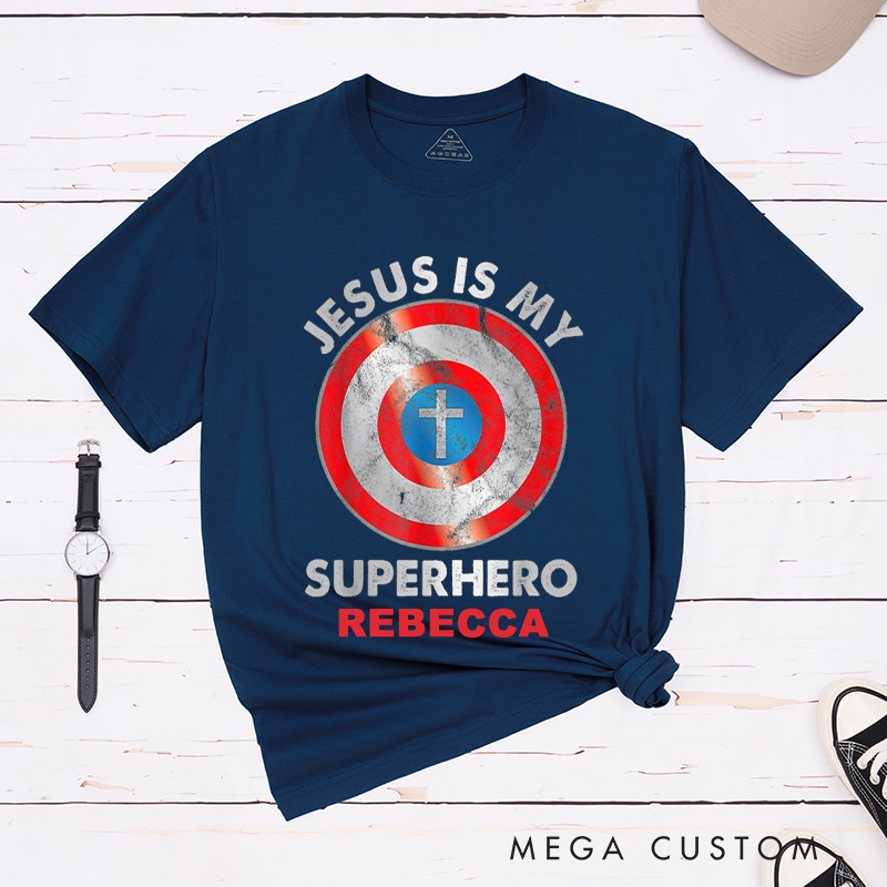 Personalized Jesus is My Superhero Cotton T-Shirt with Name Christian Unisex Classic T-Shirt Pastor Appreciation Gift Religious Gift for Jesus Lover