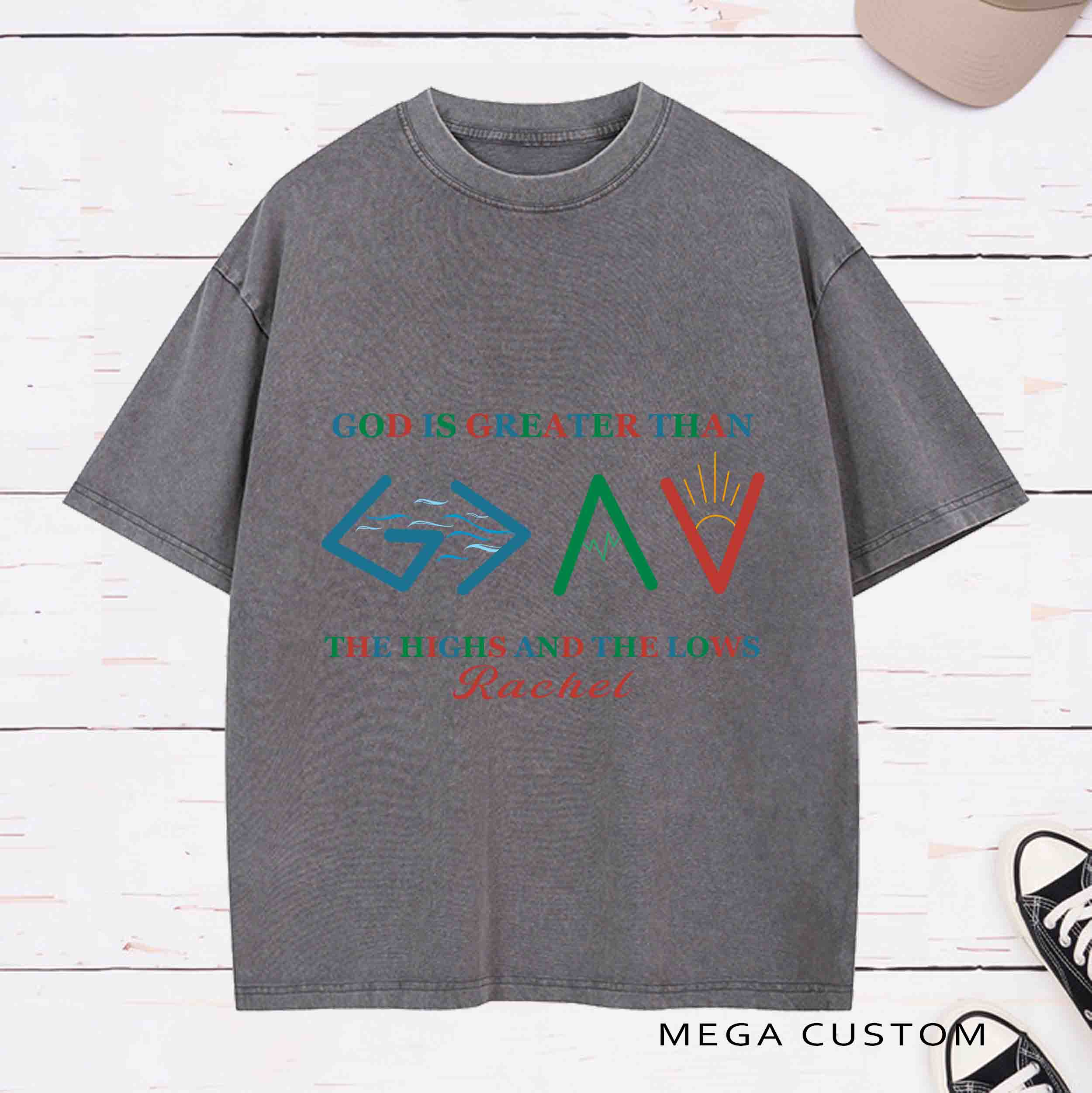 Personalized Character Bible Verse God Is Greater Than the Highs and The Lows Washed T-Shirt with Name Birthday Easter Gift for Christian