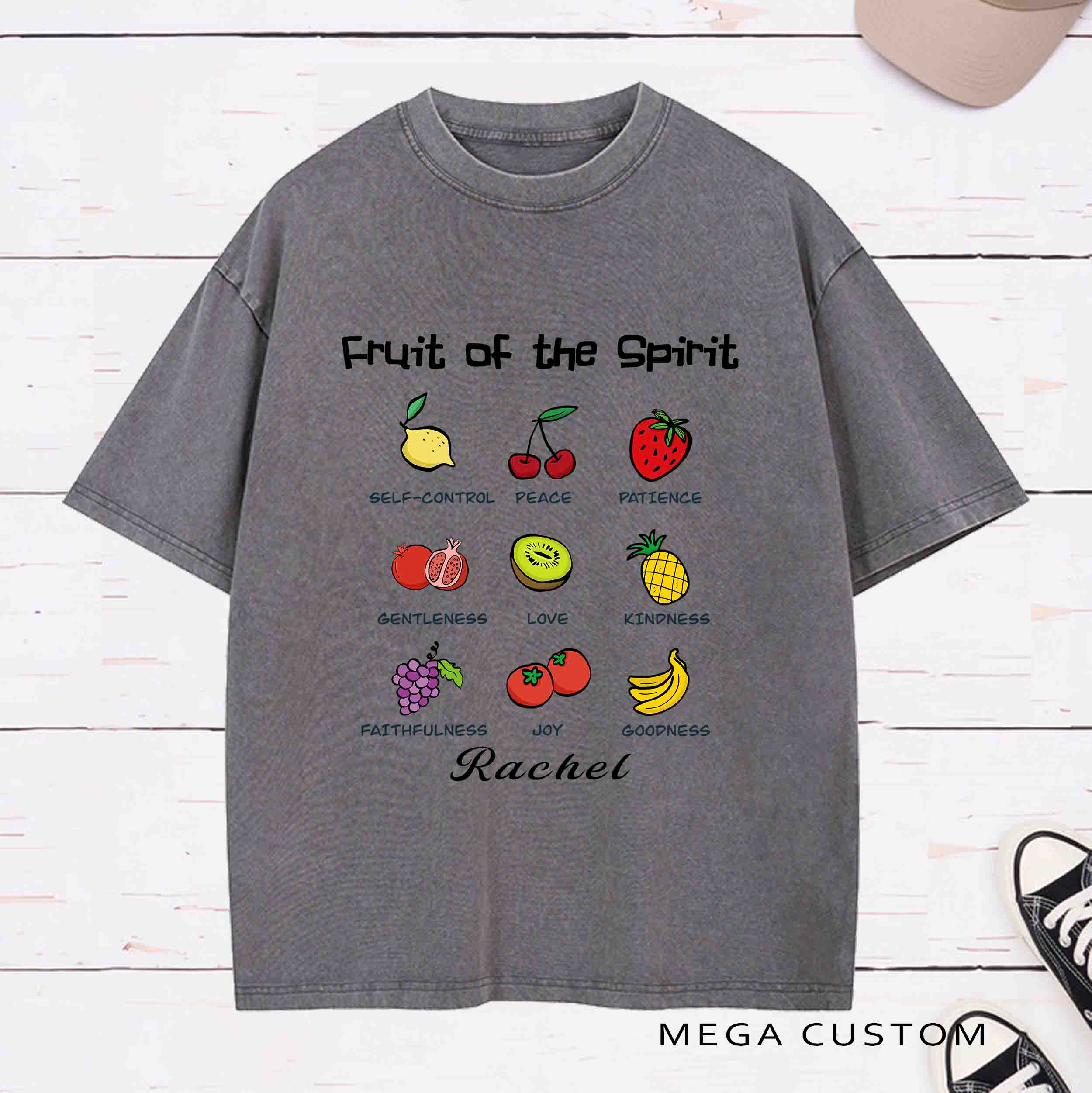Personalized Character Fruit of the Spirit Washed T-Shirt with Name Birthday Easter Gift for Christian