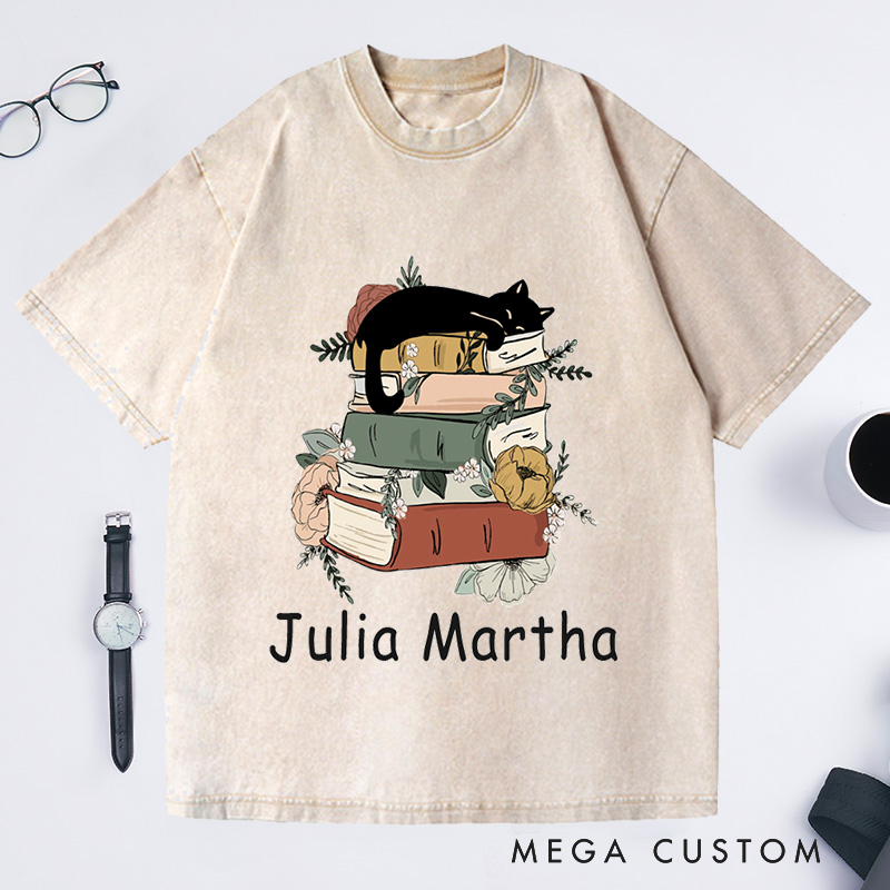 Personalized Books and Cats Washed T-Shirts Reading Shirt Cat Lover T-Shirt