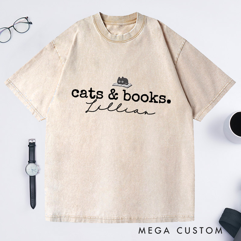 Personalized Cats and Books Washed T-Shirts Book Lover T-shirt Bookish Tee Reading T-Shirt Gift for Cat Lover