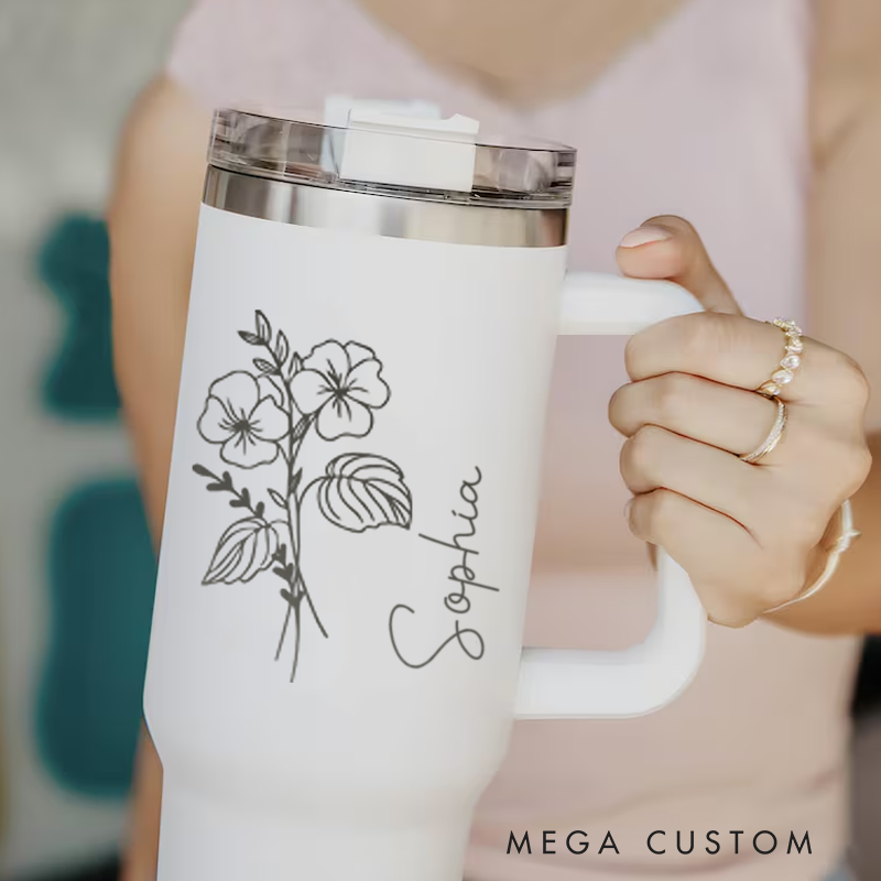 Personalized Tumbler with Birthflower Engraved Tumblers with Name Insulated Travel Mug Birthday Gifts for Her