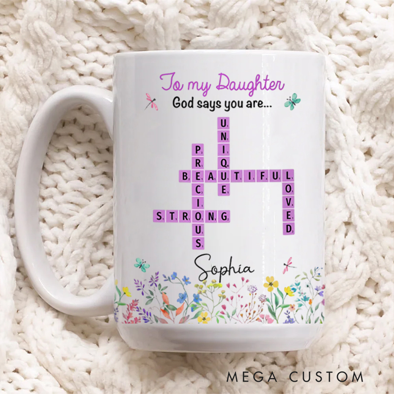 Personalized God Says You Are Crossword Art Ceramic Mug with Name Birthday Gift for Christian Positive Affirmation Religious Gift for Christian