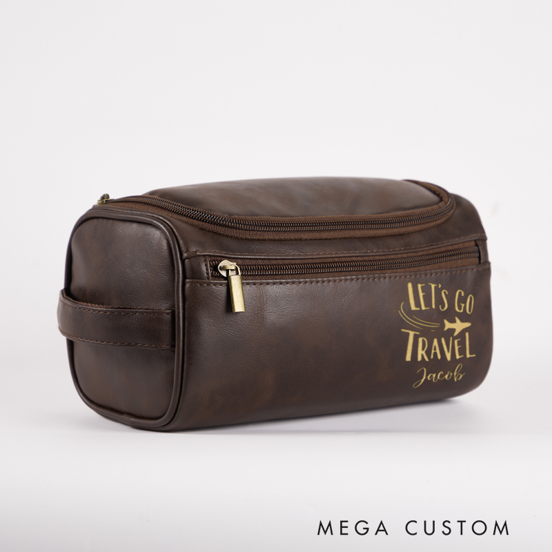 Personalized Let's Go Travel Toiletry Bag Leather Toiletry Bag for Traveling Lovers Cool Travel Gift for Him