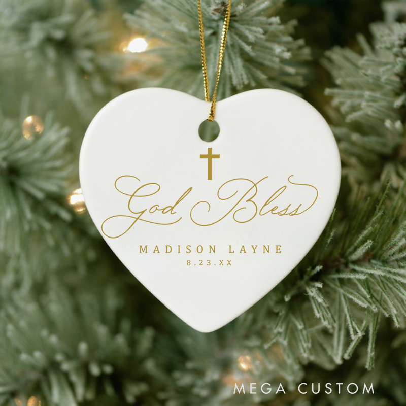 Personalized Gold God Bless Cross Ceramic Ornament with Name and Date Christmas Tree Decor Baptism First Communion Gift for Christians