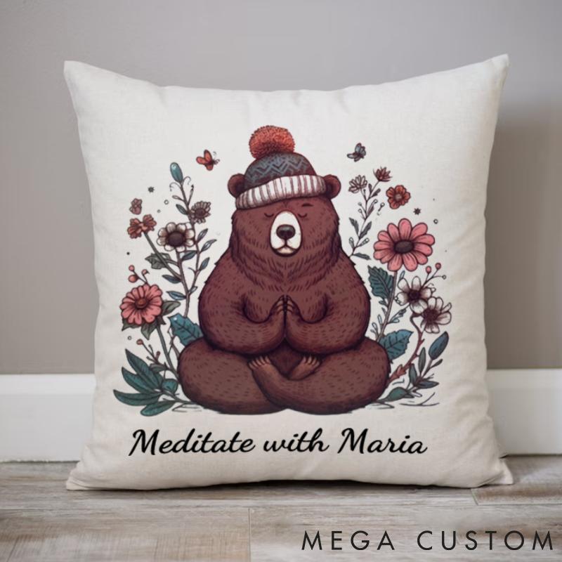 Personalized Meditation Bear Pillows with Floral Design Custom Name Yoga Pillows Gift Idea for Yoga Lovers and Mindfulness Enthusiasts