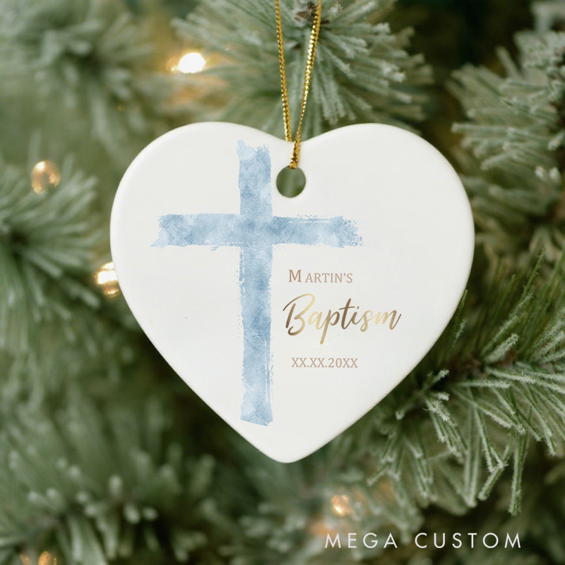 Personalized Modern Blue Watercolor Cross Ceramic Ornament with Name and Date Christian Gift Baptism Gift for Kids