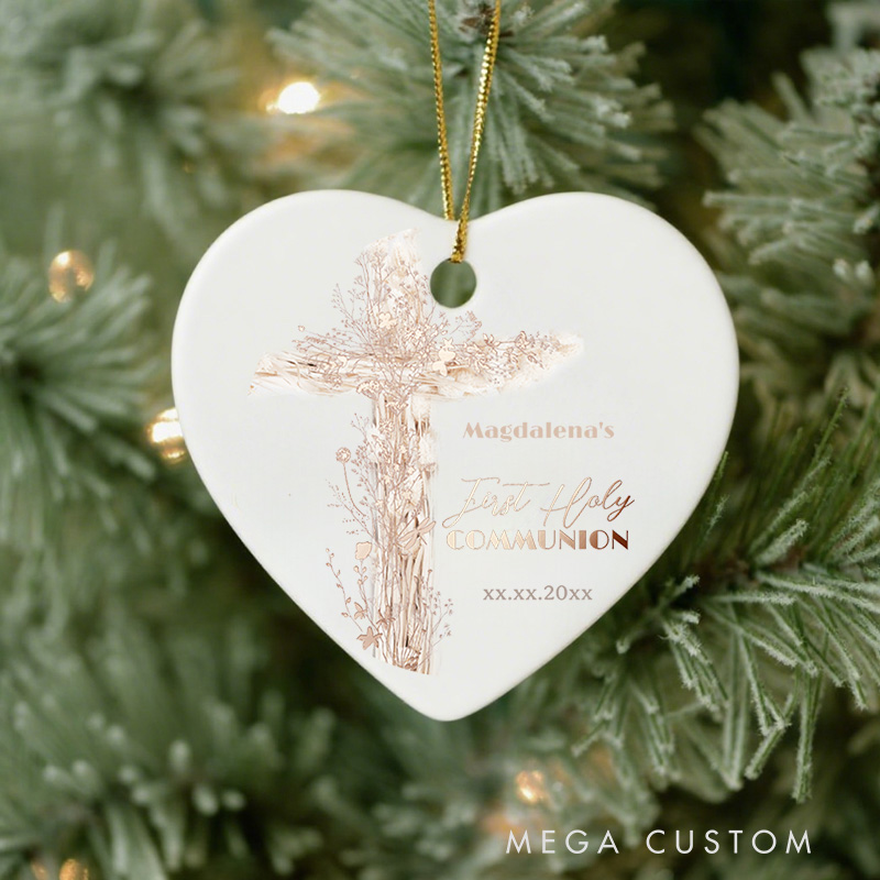Personalized Dried Flowers and Grasses Cross Ceramic Ornament with Name and Date First Holy Communion Gift for Girls