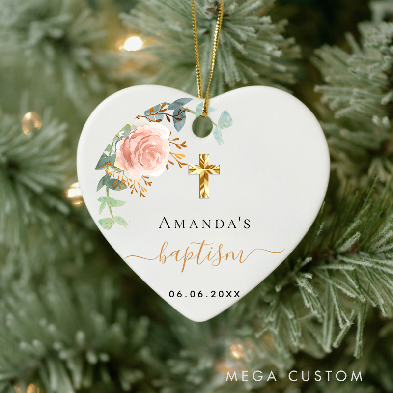 Personalized Eucalyptus Pink Floral with Cross Ceramic Ornament with Name and Date Religious Gift Baptism Gift for Girls