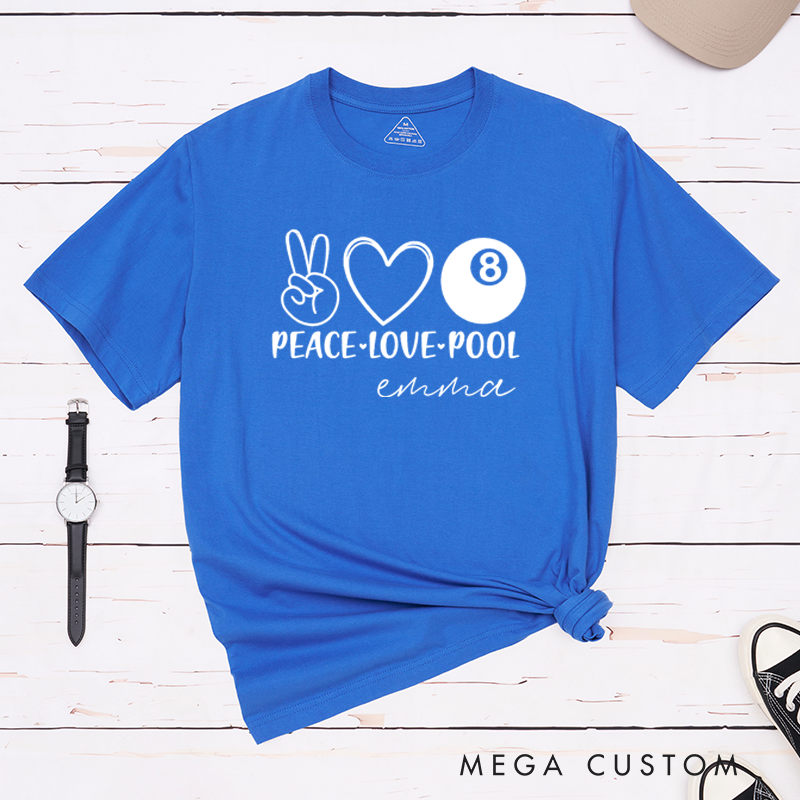 Personalized Peace Love Pool T-Shirts with Custom Your Name on the back - 8-ball Pool Team Shirt