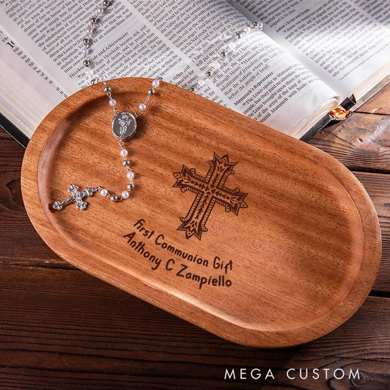 Personalized Cross Wooden Rosary Tray with Engraved Text Sacrament First Communion Gift Baptism Gift for Christian