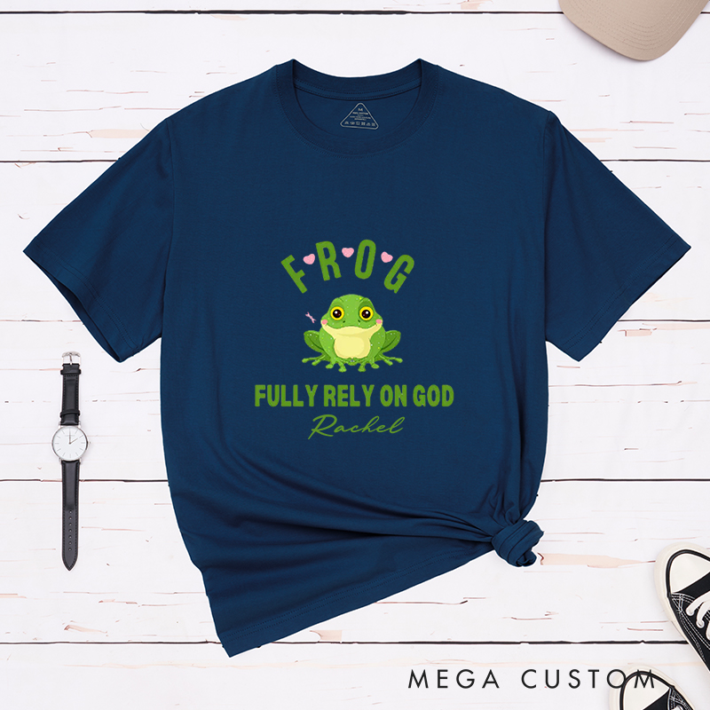 Personalized Frog Religious Fully Rely On God T-Shirt with Custom Name Christians Gift Birthday Gift Christian Apparel Gift for Jesus Lover 