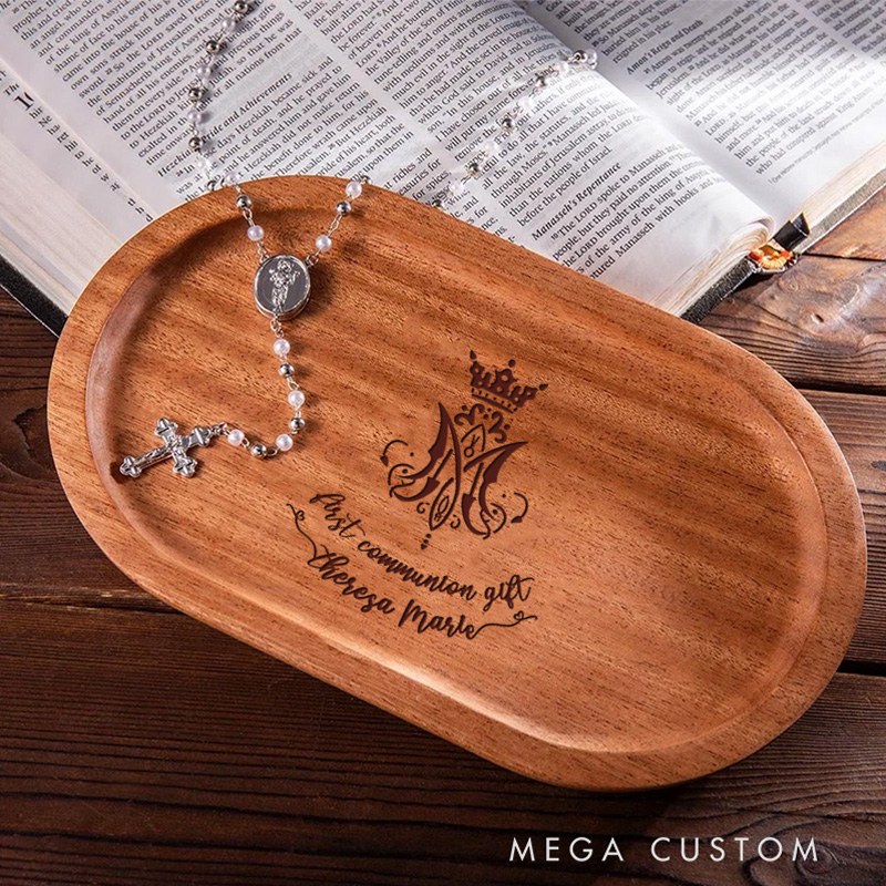 Personalized Marian Monogram Wooden Rosary Tray with Engraved Text Sacrament First Communion Gift Baptism Gift for Christian