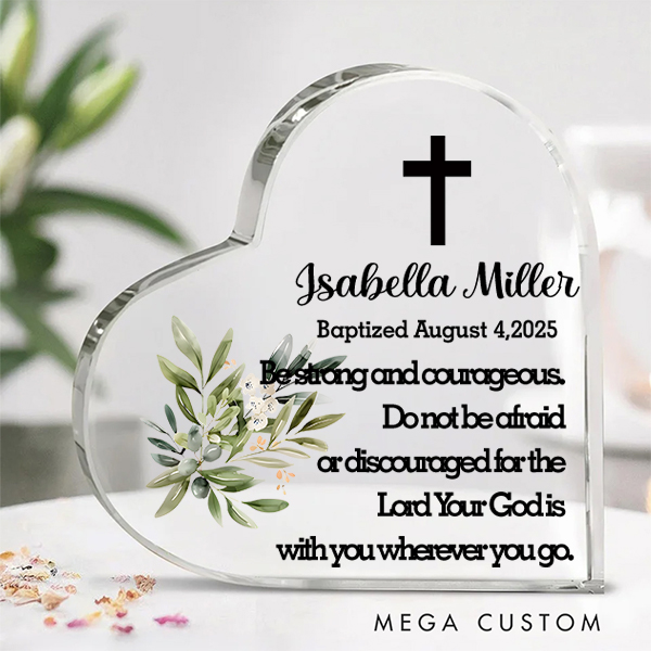 Personalized Olive Leaves Cross Heart-shaped Acrylic Plaque with Name and Text Communion Party Home Decor for Family Friend Christening Baptism Gift 