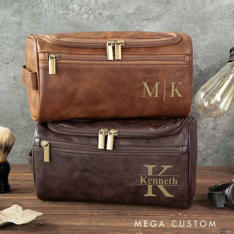 Personalized Men's Leather Toiletry Bag  Engraved Dopp Kit  Anniversary Gifts for Him