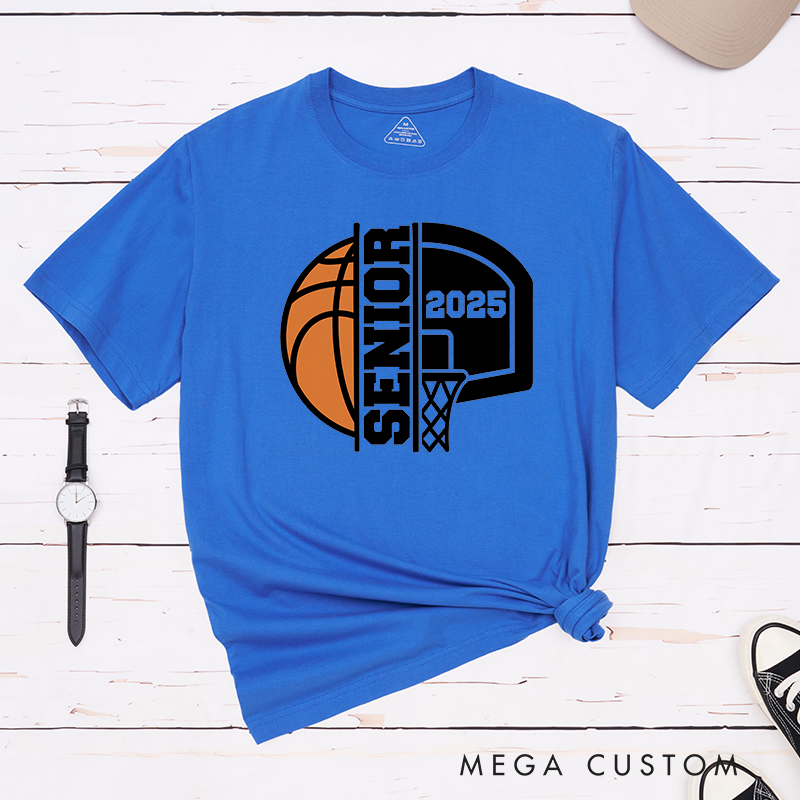 Personalized Basketball Graduation T-Shirt Design Featuring Custom Graduation Year Bold Vertical Text Dynamic Basketball and Hoop Graphics in a Classic School Spirit Style