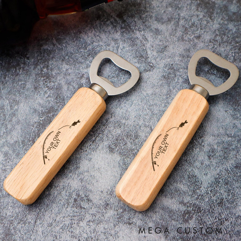 Personalized Wooden Bottle Opener with Engraved Fishing Rod Design Unique Gift for Beer and Fishing Enthusiasts