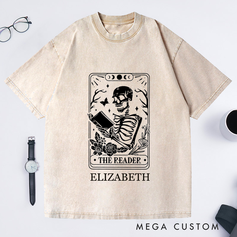 Personalized The Reader Tarot Card Front And Back Printing Washed T-Shirts Skeleton Reading T-shirt Book Lover Gift Book Lover Tee Tarot Card Shirt