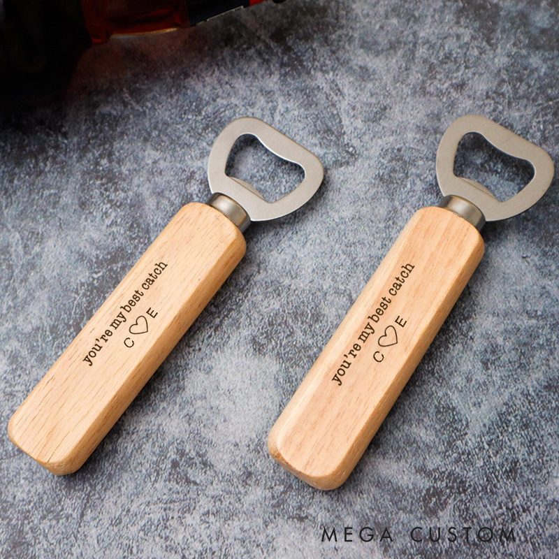 Personalized Wooden Bottle Opener You’re My Best Catch with Initials and Heart Design Great Gift for Fishing Lover