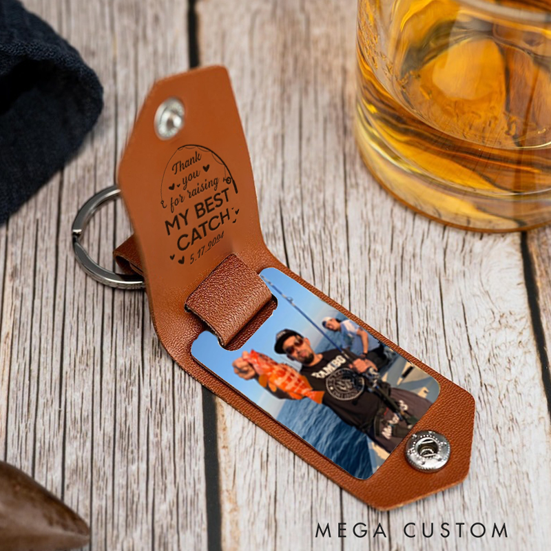 Personalized Leather Photo Keychain My Best Catch Key Chain Gift for Fishing Lover
