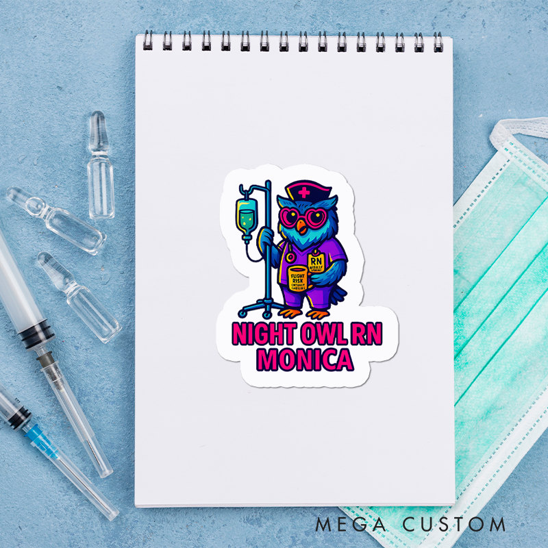 Personalized Nurse Stickers Custom Night Owl RN Design Stickers Funny Nurse Sticker Vinyl Die Cut Sticker