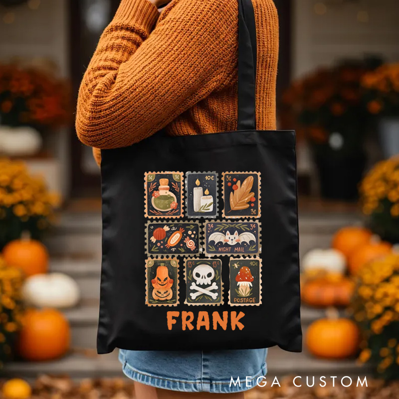 Personalised Autumn Stamps Canvas Tote Bag with Name Halloween Stamps Tote Trick or Treat Bag Ghouls Gift