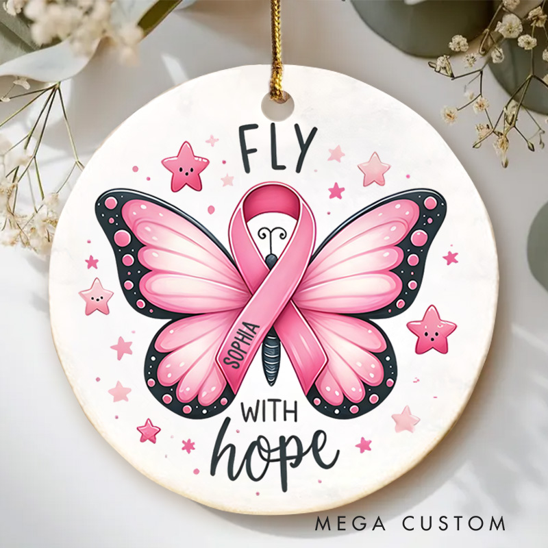 Personalized Fly With Hope Butterfly Pink Ribbon Breast Cancer Keepsake Christmas Ornament for Inspiration