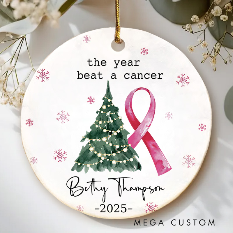 Personalized The Year I Beat Cancer Pink Ribbon Celebration Christmas Ornament for Survivors