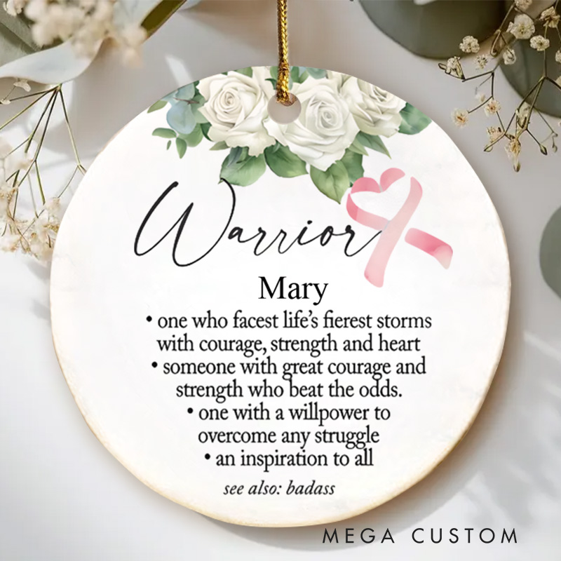 Personalized Warrior Strength Courage and Hope Pink Ribbon Christmas Ornament for Cancer Fighters