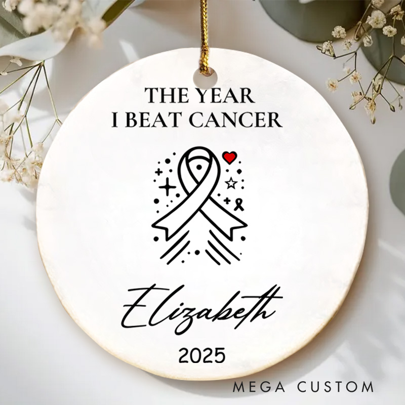 Personalized The Year I Beat Cancer Ribbon and Stars Design Milestone Christmas Ornament for Hope