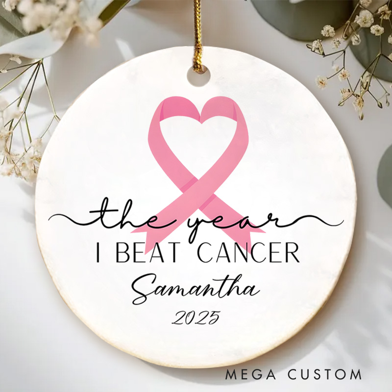 Personalized The Year I Beat Cancer Heart Symbol Design Celebration Christmas Ornament for Strength Breast Cancer Survivor Gift
