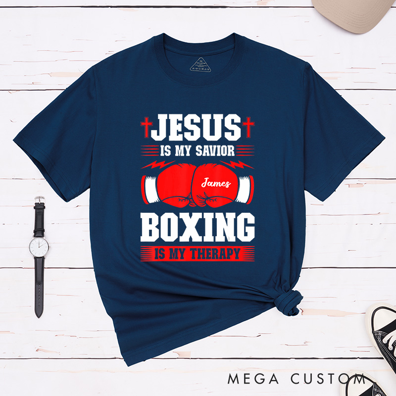 Personalized Jesus Is My Savior Boxing Is My Therapy Classic T-Shirt with Custom Name Inspirational Shirt Religious Birthday Gift for Christians