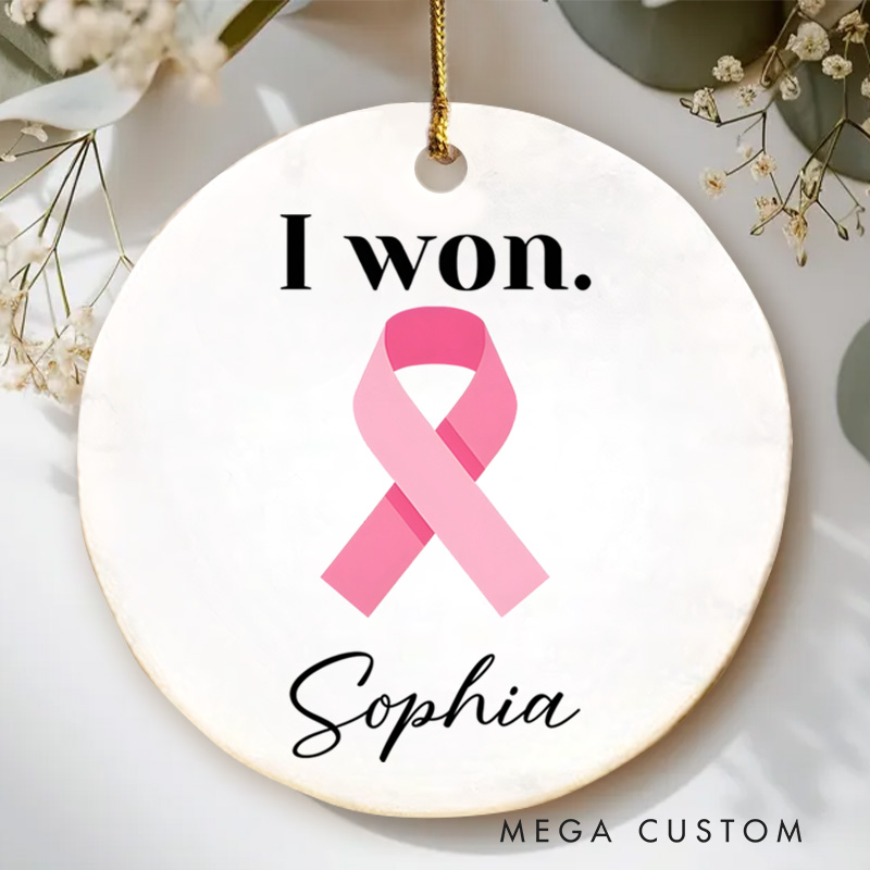 Personalized I Won Pink Ribbon Design Cancer Victory Celebration Christmas Ornament for Survivors