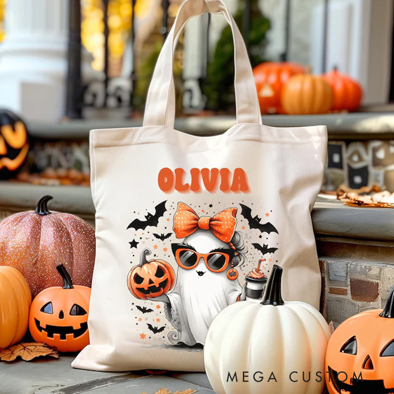 Personalized Trick or Treat Tote Bag Halloween Bag for Trick or Treating Cute Girl Ghost with Bow Bag for Candy