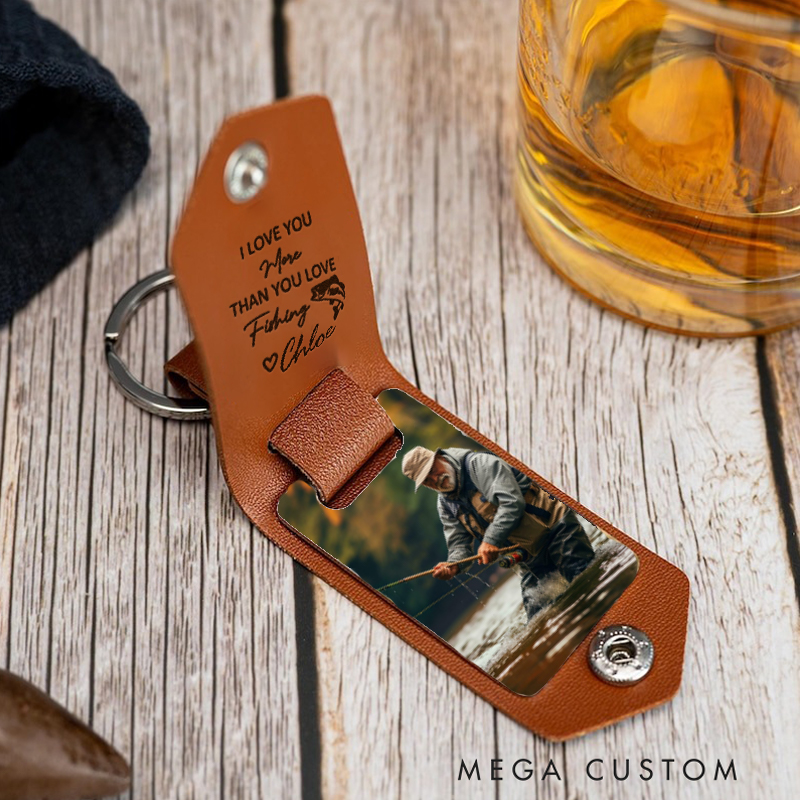 Personalized Leather Photo Keychain I Love You Key Chain Gift for Fishing Lover