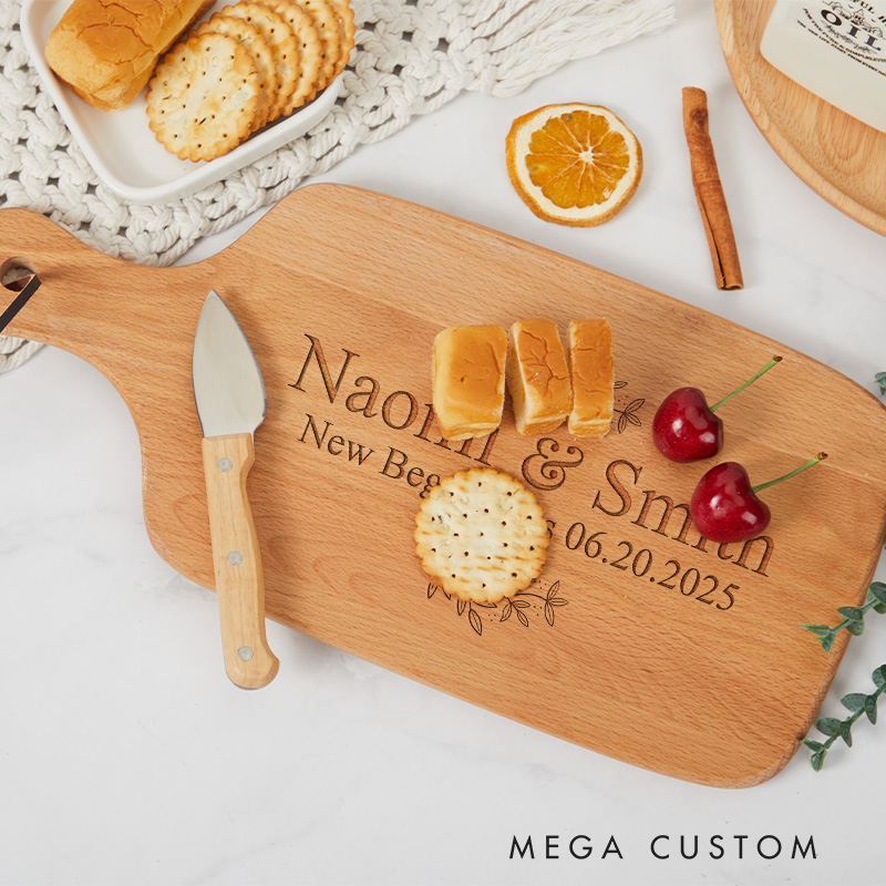 Personalized Custom Engraved Wooden Cutting Board with Floral Design for Couples