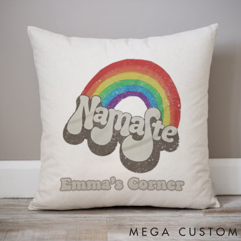 Personalized Namaste Rainbow Pillows with Retro Vibes Custom Name Yoga Pillows Gift Idea for Yoga Lover