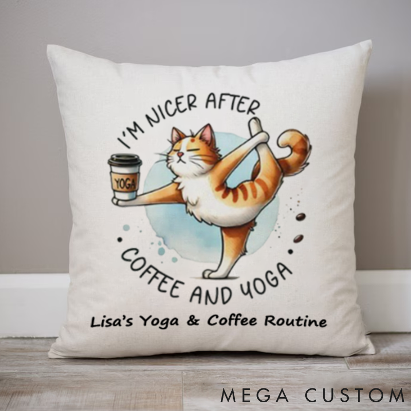 Personalized Yoga Cat Pillows with Coffee and Yoga Theme Custom Name Yoga Pillows Gift Idea for Yoga Lover