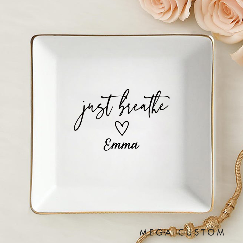 Personalized Just Breath Ring Dishes Yoga Girl Jewelry Dish Anniversary Gift for Yoga Lover