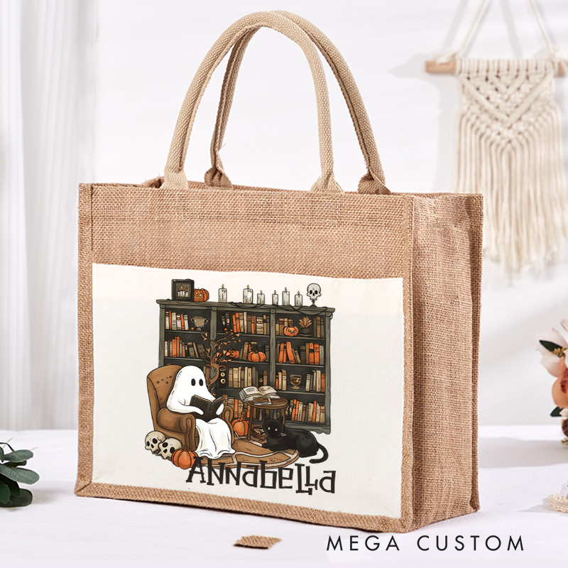 Personalized Retro Ghost Reading Books Tote Bag Book Lover Bag with Name Halloween Burlap Bag Halloween Gifts Librarian Gift Book Lover Gift