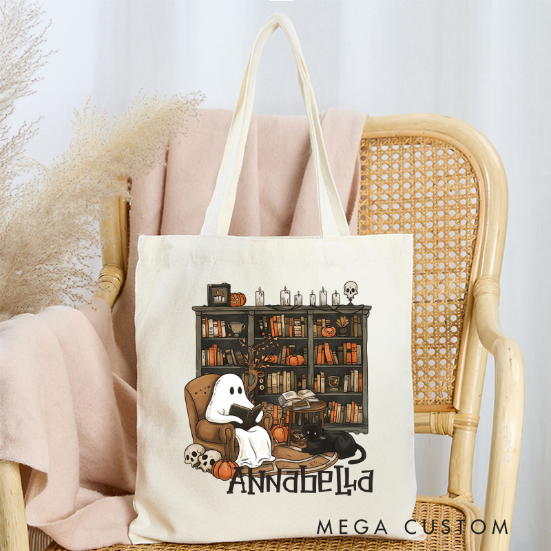 Personalized Retro Ghost Reading Books Tote Bag Book Lover Bag with Name Halloween Canvas Bag Halloween Gifts Librarian Gift Book Lover Gift