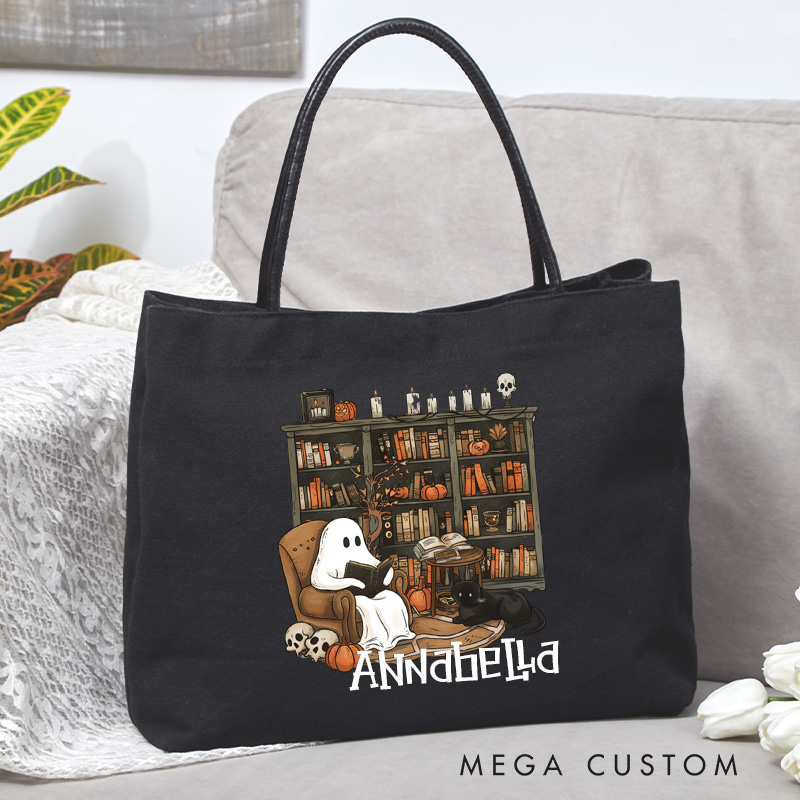 Personalized Retro Ghost Reading Books Tote Bag Book Lover Bag with Name Halloween Tote Bag Halloween Gifts Librarian Gift Book Lover Gift