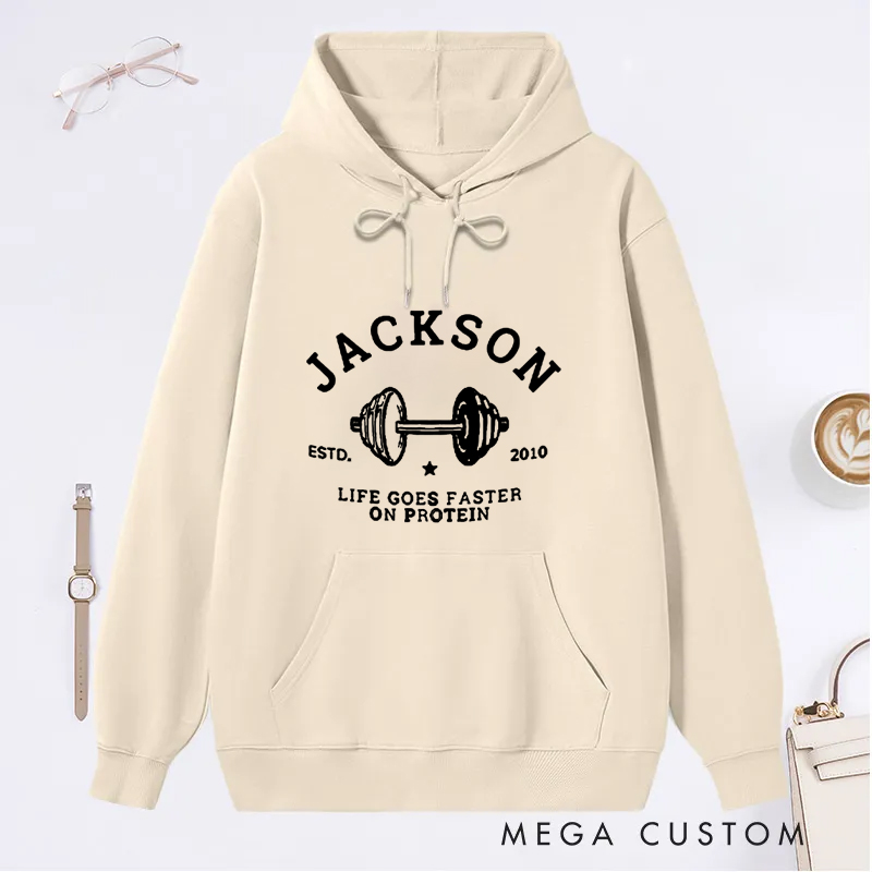 Personalized Fiitness Classic Hoodies with Dumbbell and Protein Quote for Fitness Enthusiasts Bodybuilders and Gym Lovers