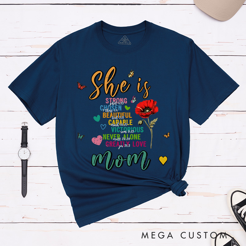 Personalized Bible Verse She Is Strong Butterfly Birth Flower Classic T-Shirt with Nickname Mother's Day Birthday Gift for Women
