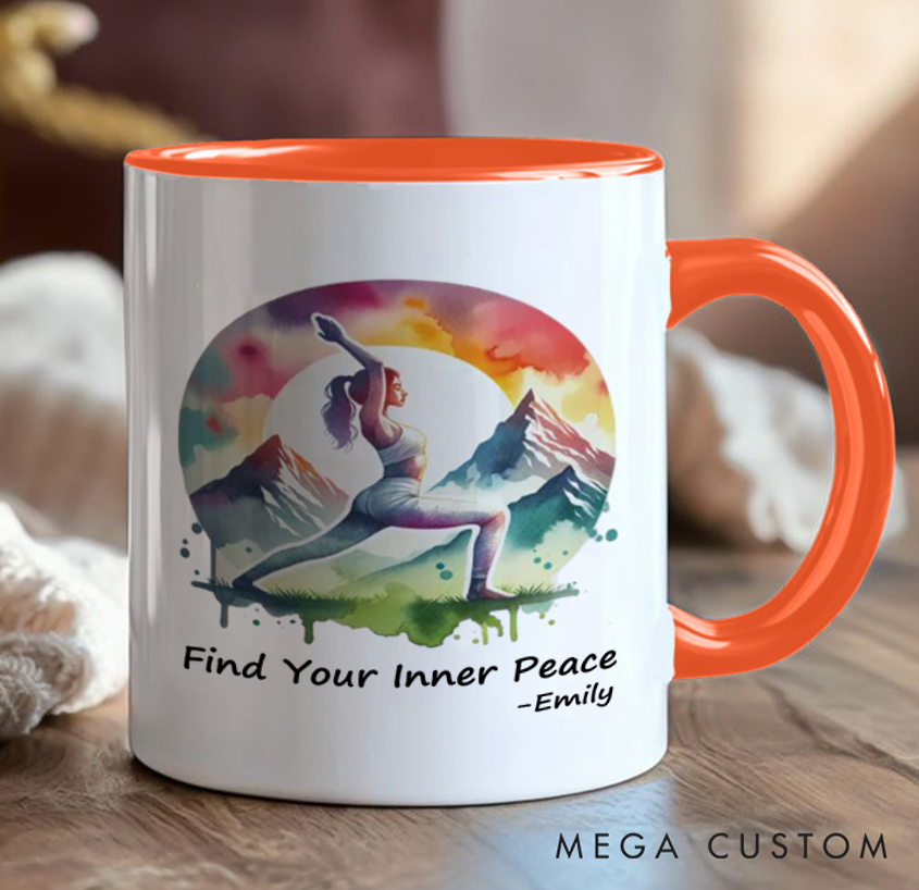 Personalized Yoga Mug with Nature Scene Artistic Design Custom Name Perfect Gift for Yoga Lover