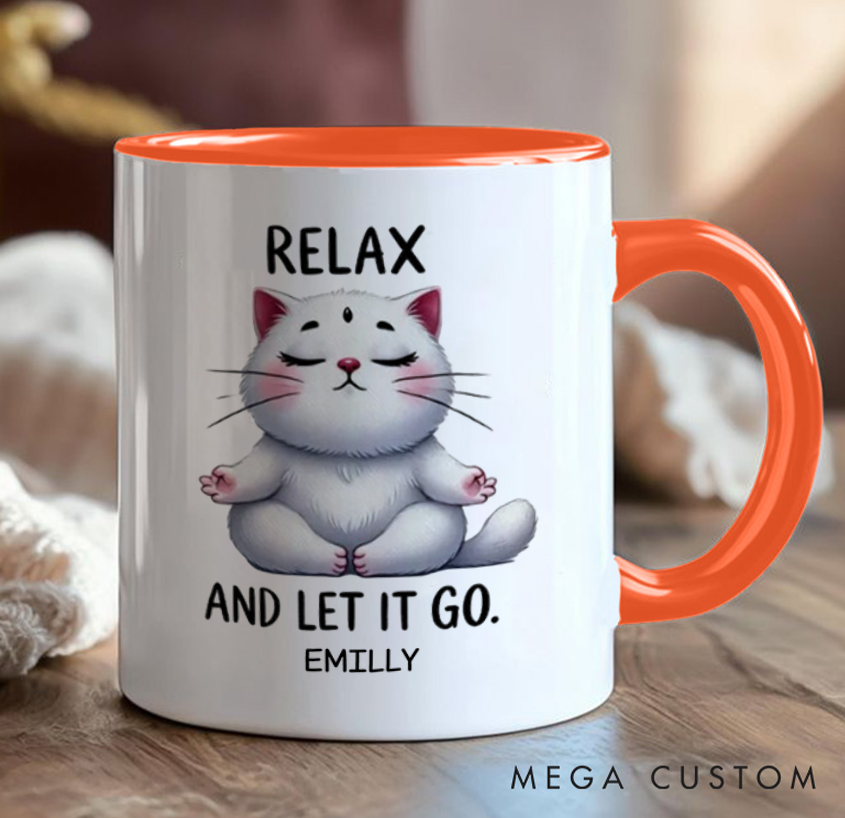 Personalized Cat Mug with Relaxing Meditation Design Custom Name Perfect Gift for Yoga Lover and Cat Lover