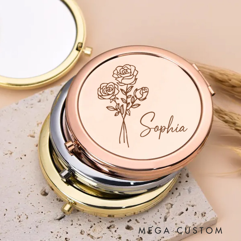 Personalized Engraved Birth Flower Pocket Makeup Mirror Gifts for Her Birthday Gift